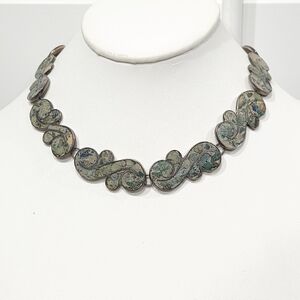 1920s Vintage Taxco Terazzo Scroll Stone & Sterling Silver 950 Collar Necklace